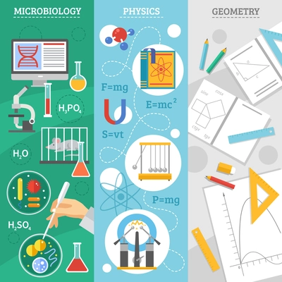 Exact science 3 flat vertical banners set with microbiology physics and geometry symbols abstract isolated vector illustration