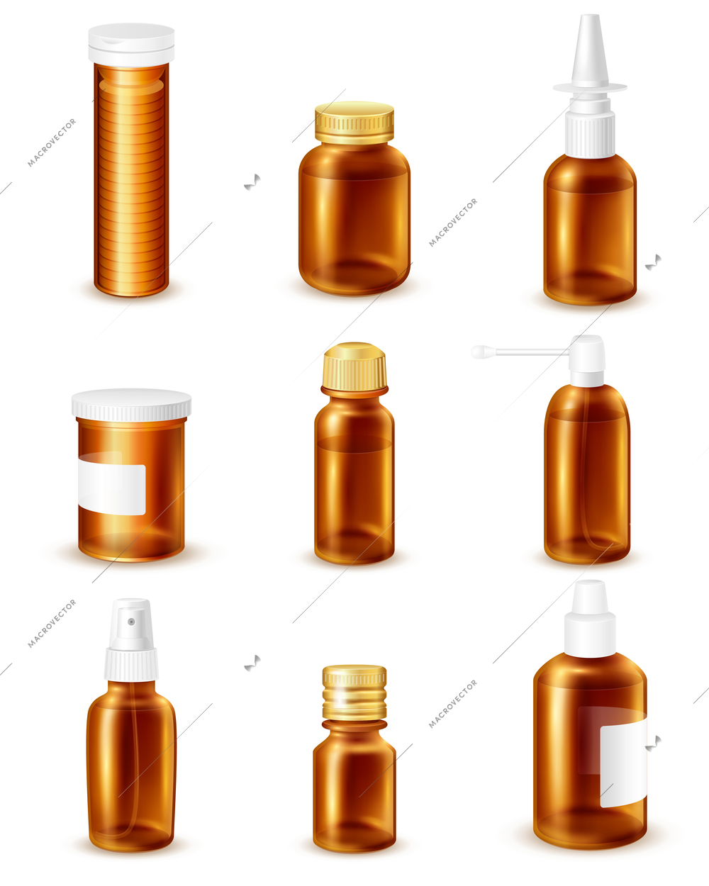 Pharmaceutical transparent bottles realistic set with liquid medicines isolated vector illustration