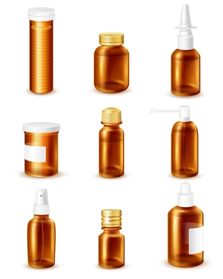 Pharmaceutical transparent bottles realistic set with liquid medicines isolated vector illustration