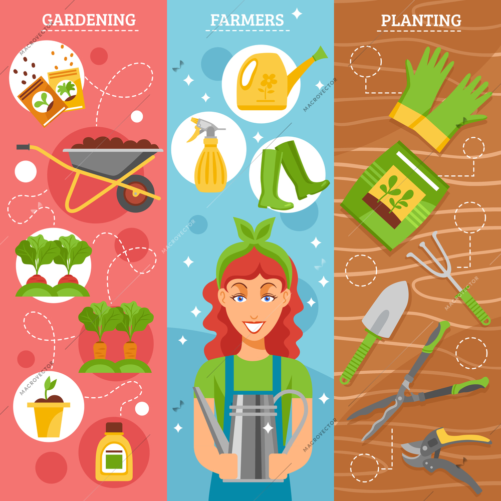 Season gardening 3 flat horizontal vertical set banners set with farmer wife holding watering pot abstract vector illustration