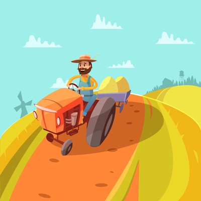 Farmer cartoon background with tractor mill hills and harvest vector illustration