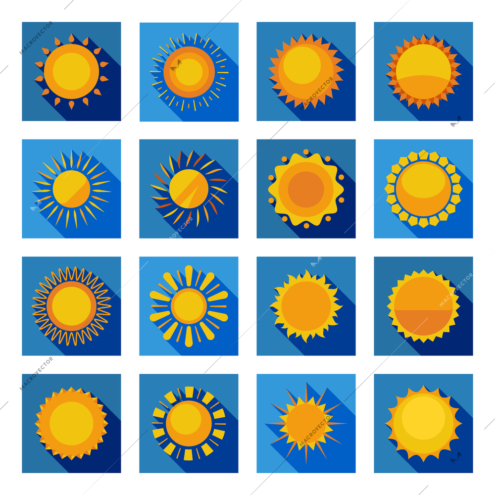 Orange and yellow decorative sun circles with sunbeams in isolated blue squares flat vector illustration