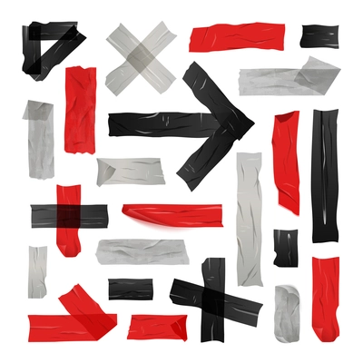 Set of black red and grey sticky tapes glued in simple lines and figures isolated vector illustration