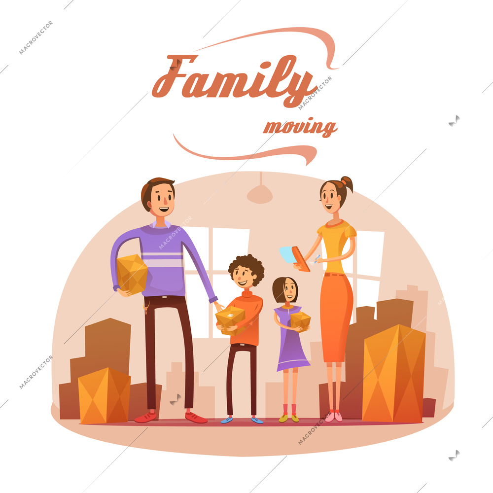 Family moving in cartoon concept with room list and boxes vector illustration