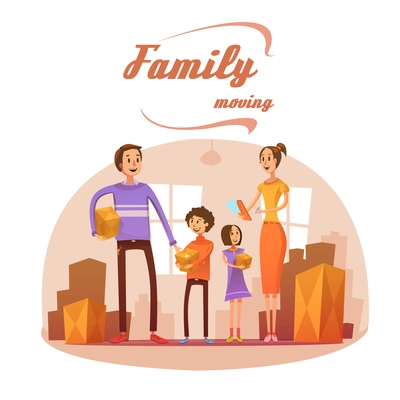 Family moving in cartoon concept with room list and boxes vector illustration