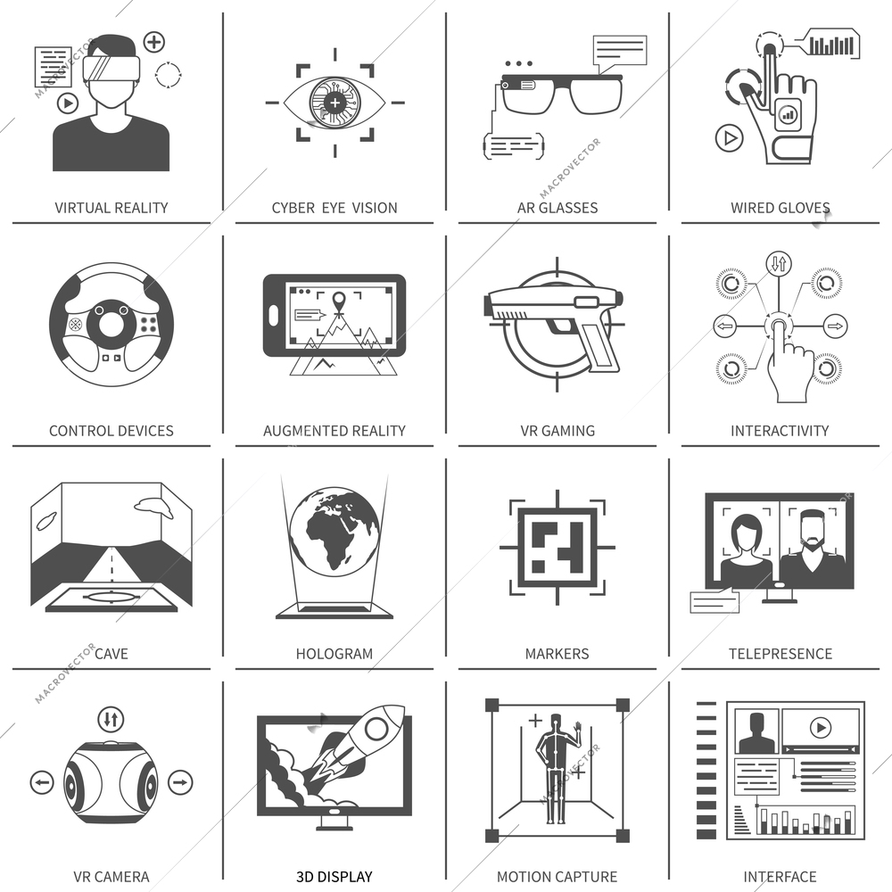 Black and white flat icons set of technological devices for virtual augmented reality isolated vector illustration