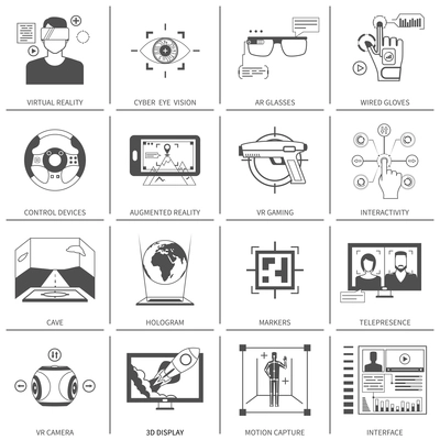 Black and white flat icons set of technological devices for virtual augmented reality isolated vector illustration