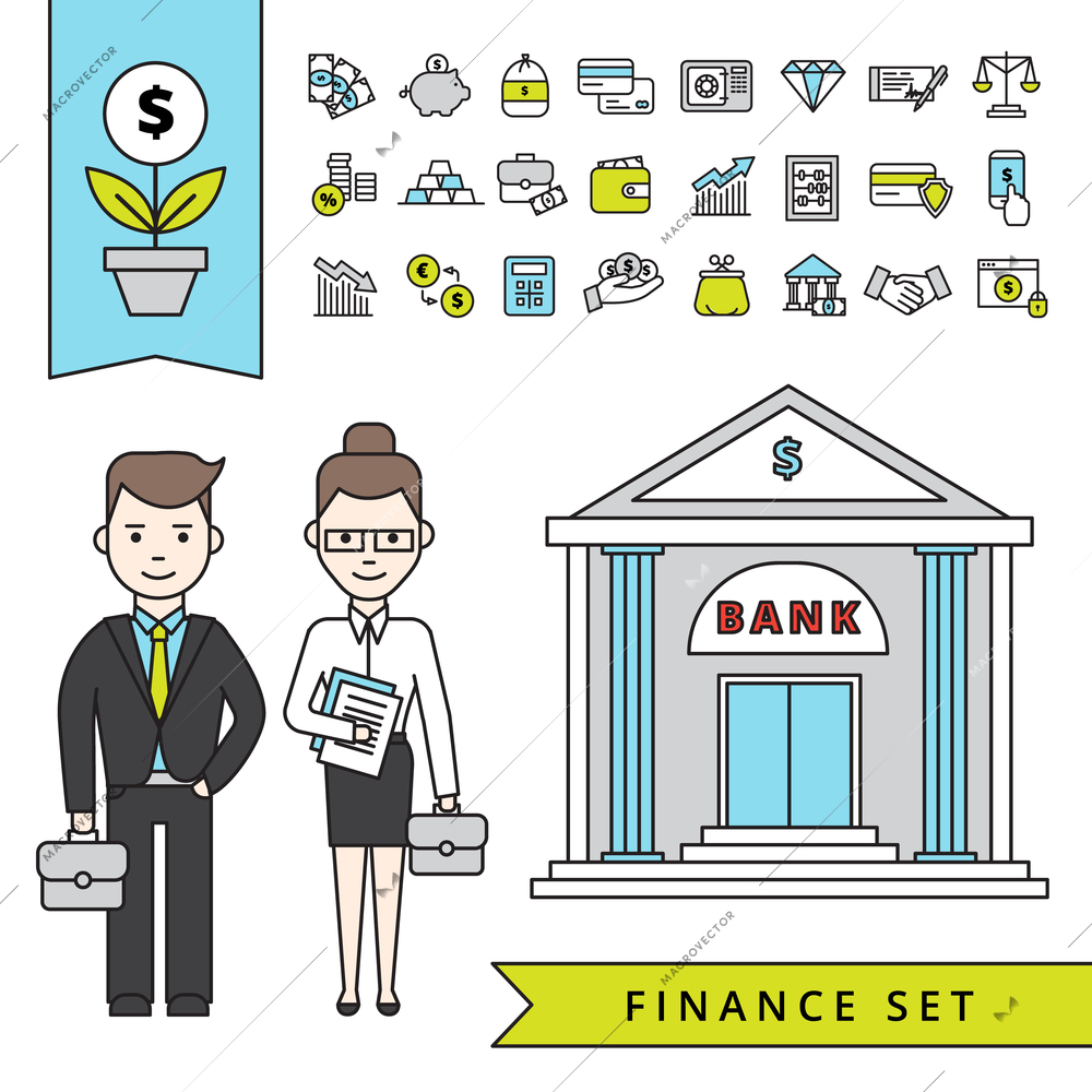 Flat finance concept with businessman and his employee near bank building and financial icons set isolated vector illustration