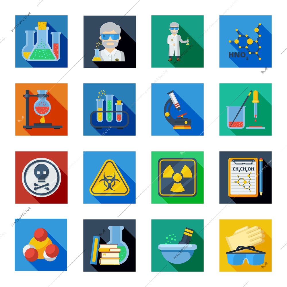 Chemistry flat icons set in colorful squares with scientist person elements of safety work in laboratory structure of molecule isolated vector illustration