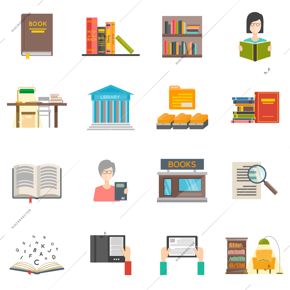 Library icons set with flat books and e-books isolated vector illustration