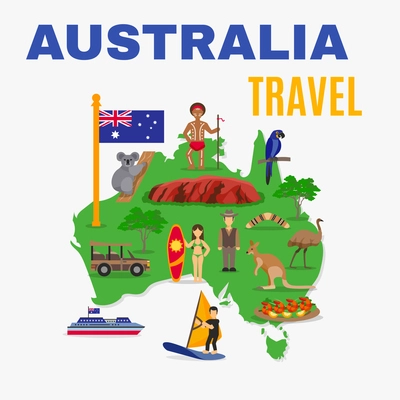 Australia travel map poster with animals food people transport at green continent on white background vector illustration