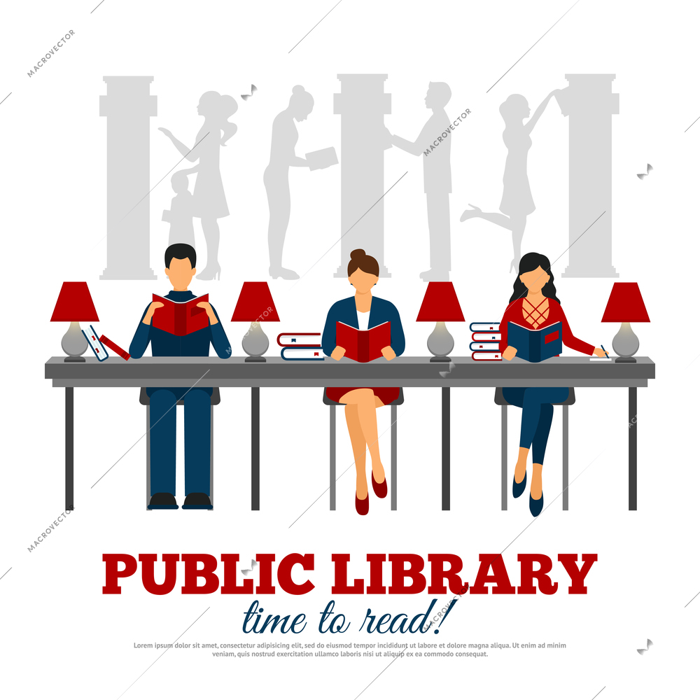 Drawn in flat style poster of scene in  reading hall of public library with title vector illustration