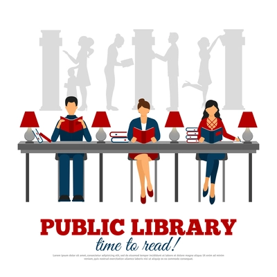 Drawn in flat style poster of scene in  reading hall of public library with title vector illustration