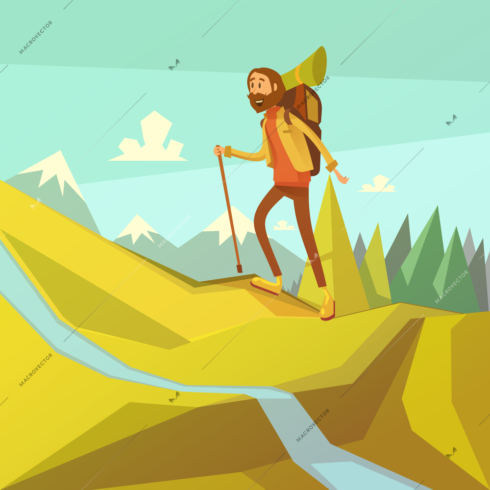 Hiking and mountaineering cartoon background with river peaks and forest vector illustration