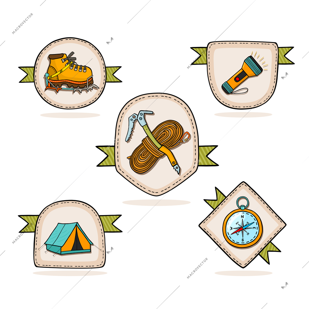 Mountain hiking set of badges vector illustration