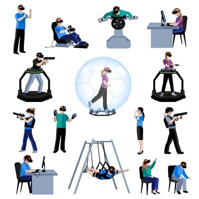 Virtual and augmented reality active experience with computer technology flat people pictograms collection abstract  isolated vector illustration