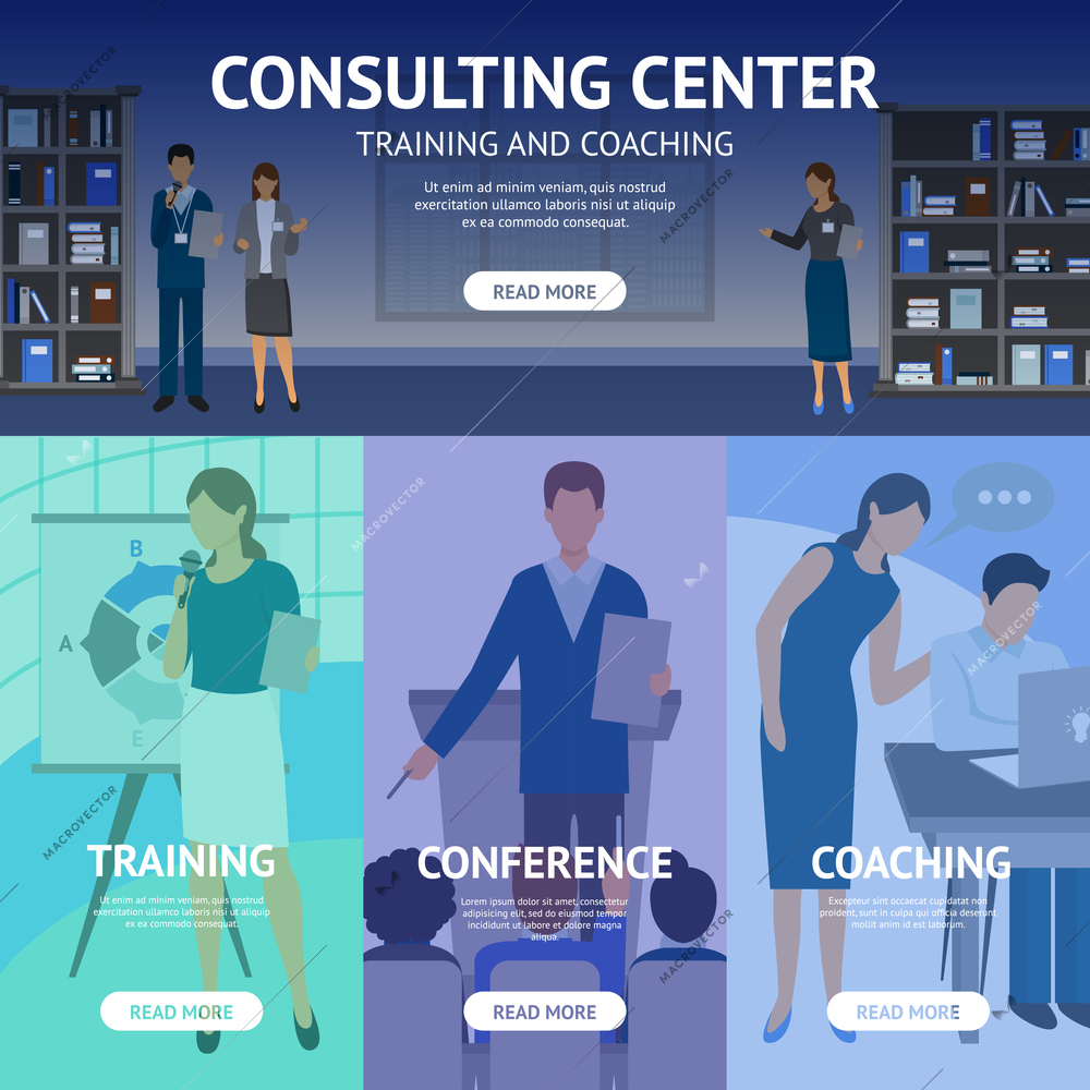 Banners set of scenes advertising consulting center work like business training conference and coaching flat vector illustration