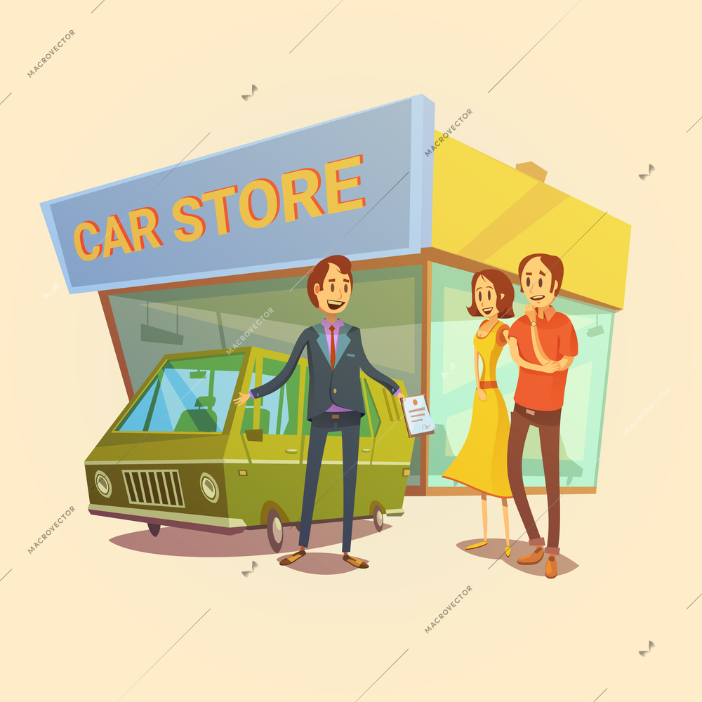 Car dealer and clients cartoon concept with car store building vector illustration