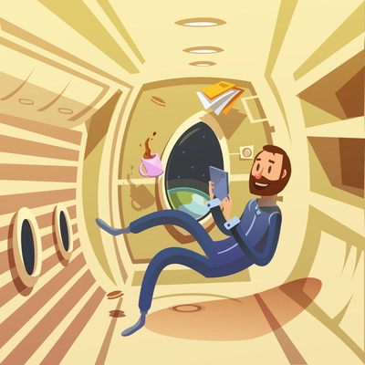 Spaceship interior with weightlessness and work in space symbols cartoon vector illustration