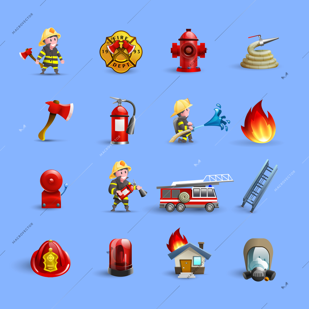 Fire department firefighting brigade service ammunition and accessories modern styled cartoon red icons set isolated vector illustration