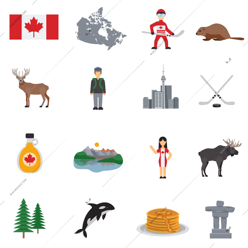 Canada flat icons set  with map flag hockey lakes maple syrup tower and animals isolated vector illustration