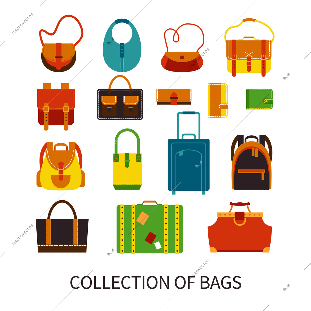 Handbags and luggage quality leatherwear store fashionable accessories online flat icons collection abstract isolated vector illustration