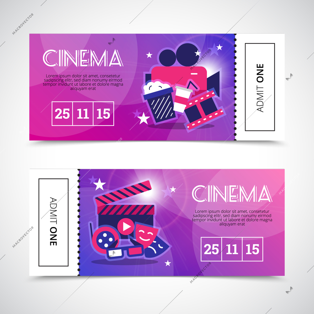 Cinema horizontal banners in colorful theatre ticket form with camera masks popcorn 3d glasses signs vector illustration