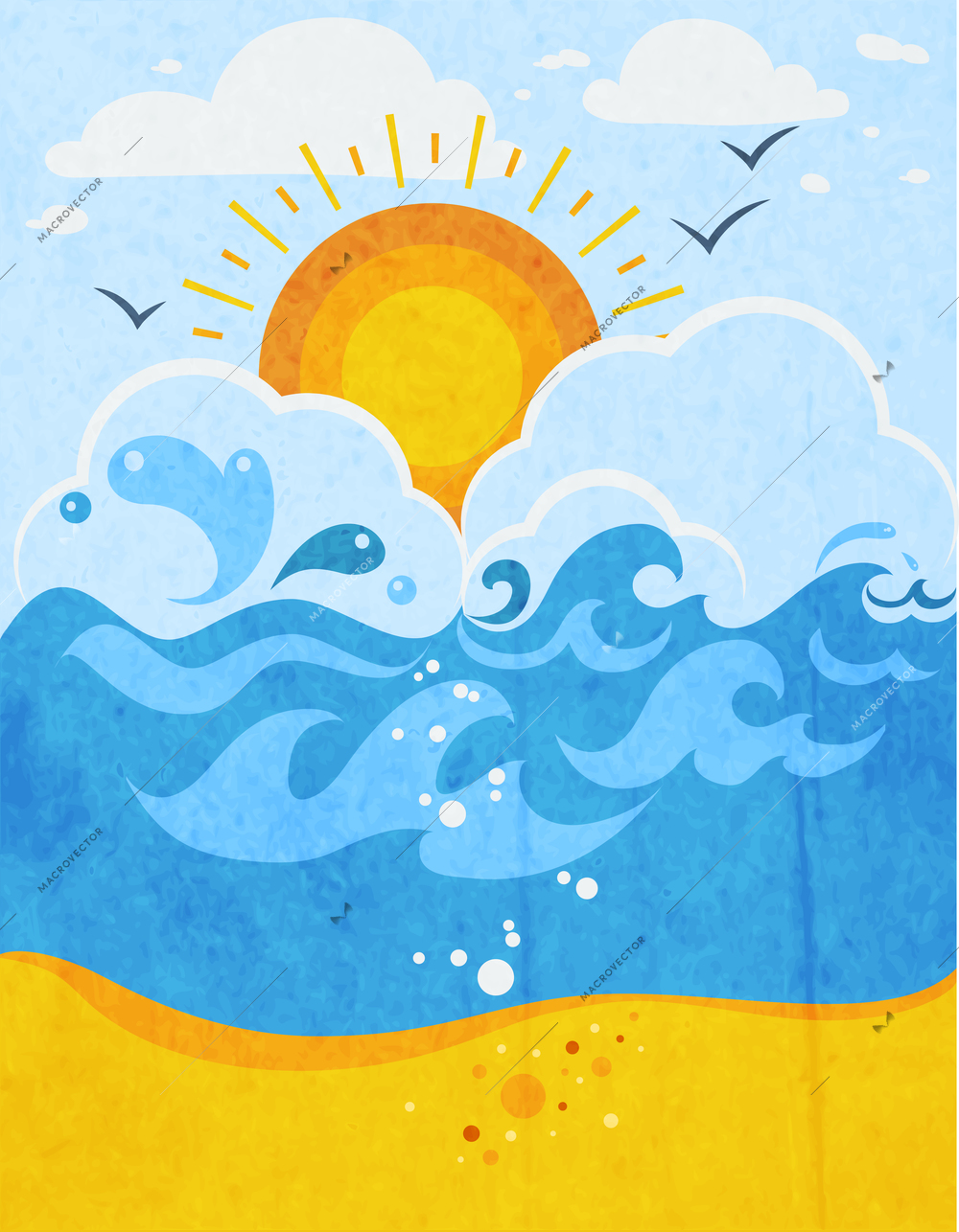 Sea waves abstract background with sun in clouds seagulls and sandy beach flat vector illustration