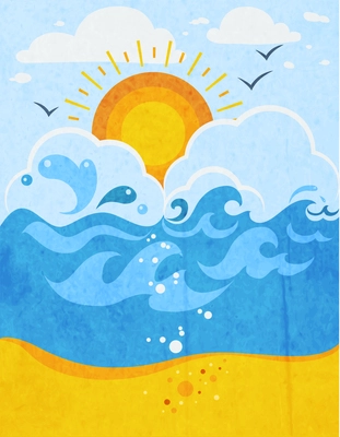 Sea waves abstract background with sun in clouds seagulls and sandy beach flat vector illustration