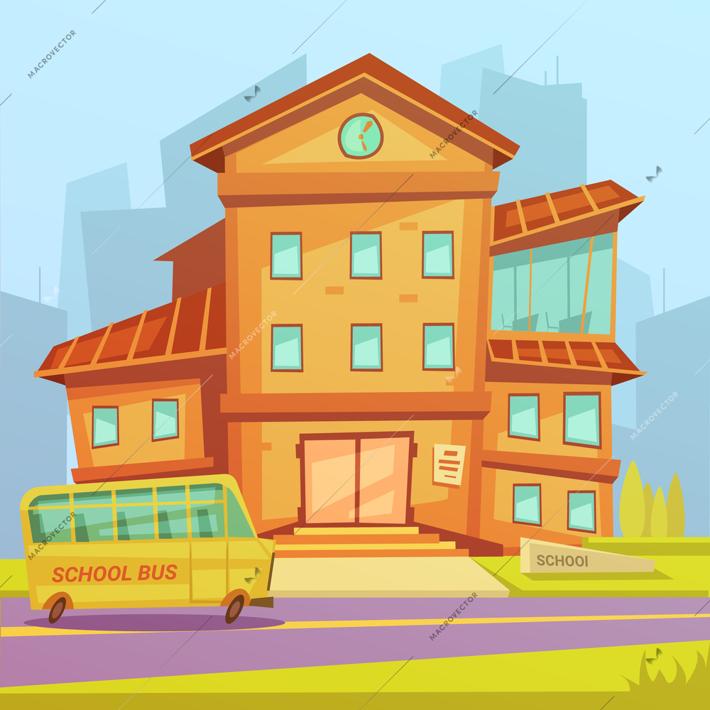 School building background in a city with a school bus cartoon vector illustration