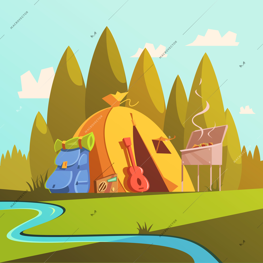 Hiking and tent background with river forest and barbecue cartoon vector illustration