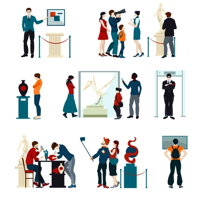 Flat color icons set of people visiting exhibition in museum and gallery isolated vector illustration