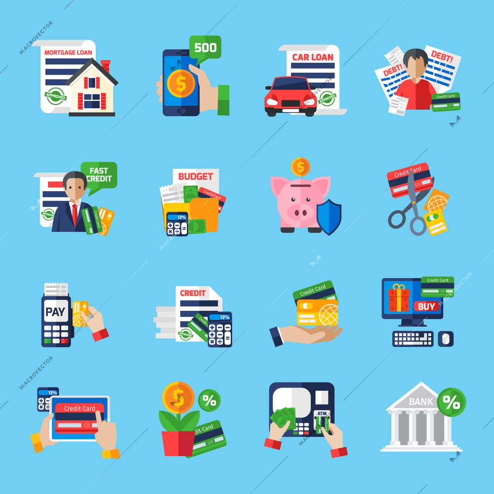 Loan debt flat color icons set of fast credit proposal budget scheduling mortgage loan  payment terminal and scissors cutting credit card isolated vector illustration