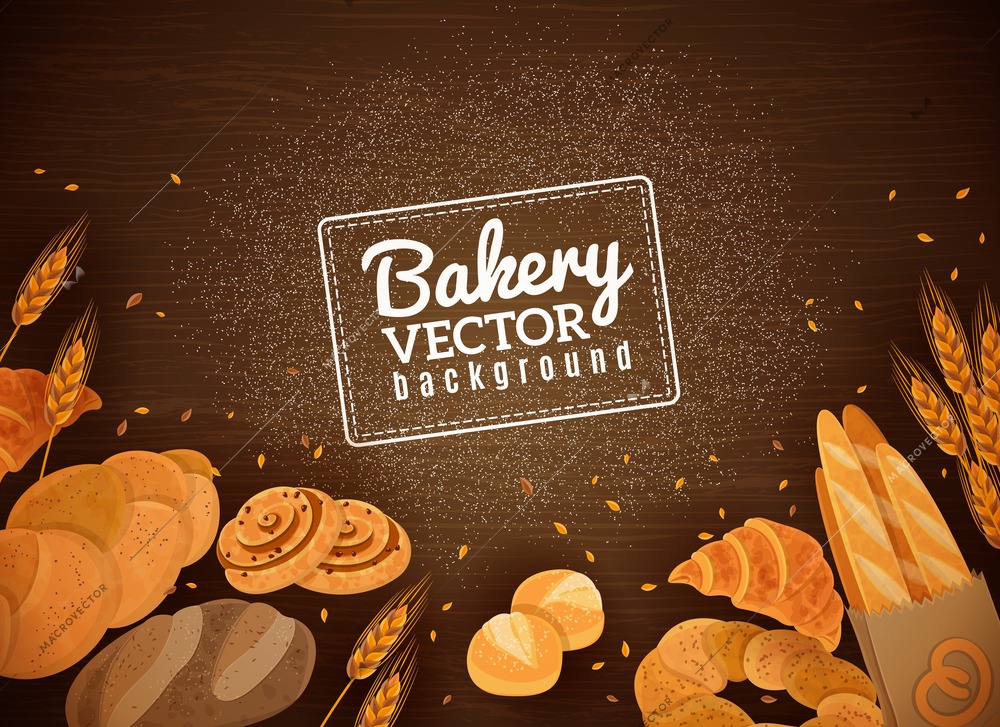 Fresh bakery production against dark wooden background with french baguette croissant and white buns abstract vector illustration