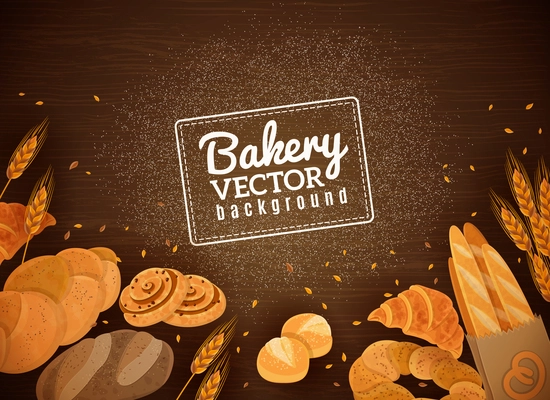 Fresh bakery production against dark wooden background with french baguette croissant and white buns abstract vector illustration