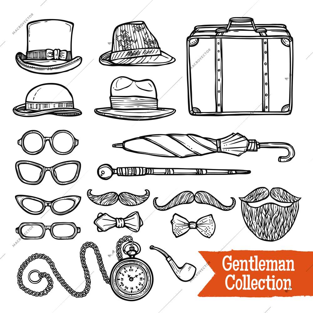 Old-fashioned gentleman accessories set with hats pipes umbrella and cane doodle style black abstract vector illustration