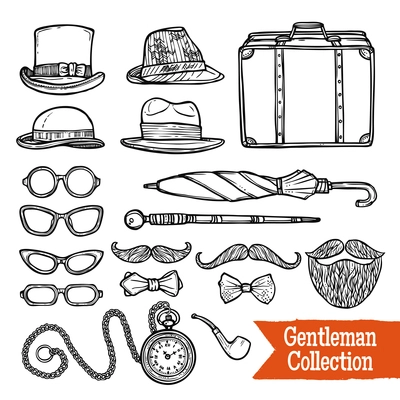 Old-fashioned gentleman accessories set with hats pipes umbrella and cane doodle style black abstract vector illustration