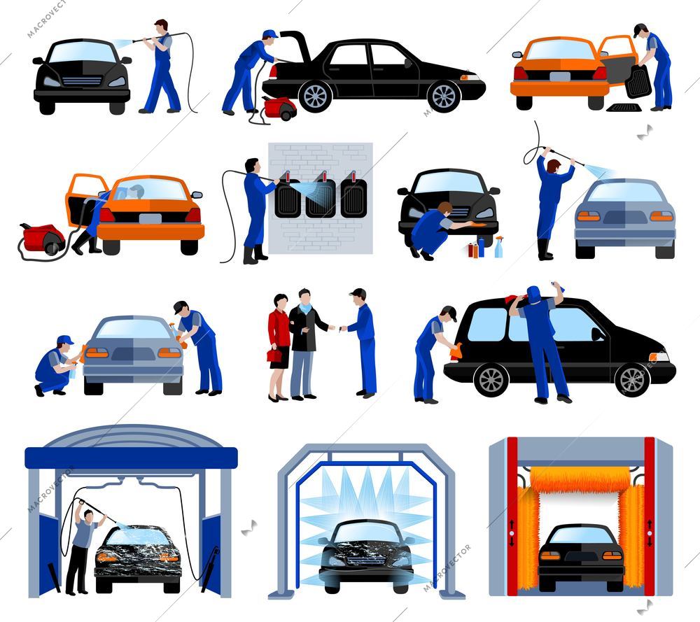 Automatic car wash service station flat pictograms set with rotating brushes tunnel abstract isolated vector illustration