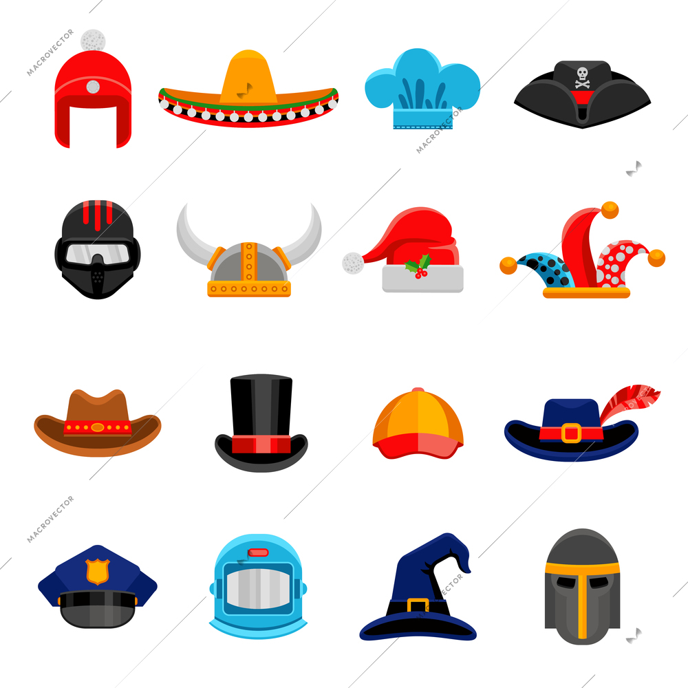 Funny party costume historical and professional headwear flat icons set with cosmonaut spacesuit abstract isolated vector illustration