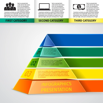 Abstract 3d pyramid infographics design template with title categories and progress options vector illustration