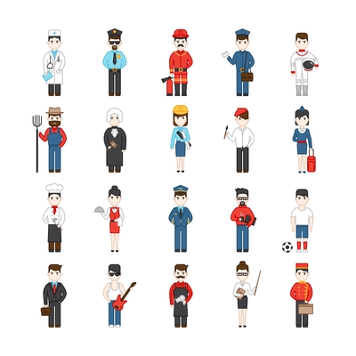 Twenty cartoon characters of different professions in uniform decorative icons set isolated vector illustration