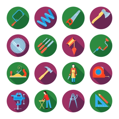 Construction working tools icons or stickers set of carpentry and Woodworking flat vector illustration