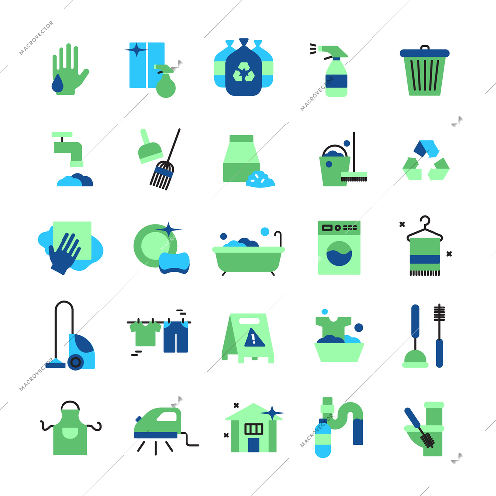 Cleaning flat color icons set of household items with vacuum cleaner iron bucket rubber gloves mop brush and broom isolated vector illustration