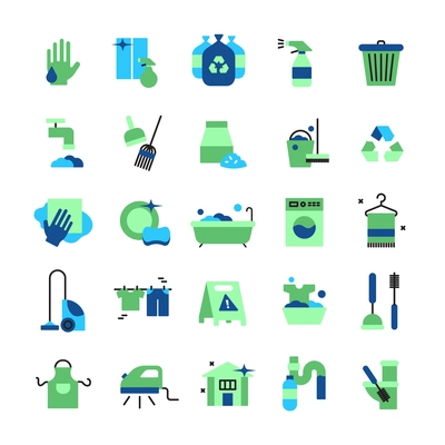 Cleaning flat color icons set of household items with vacuum cleaner iron bucket rubber gloves mop brush and broom isolated vector illustration