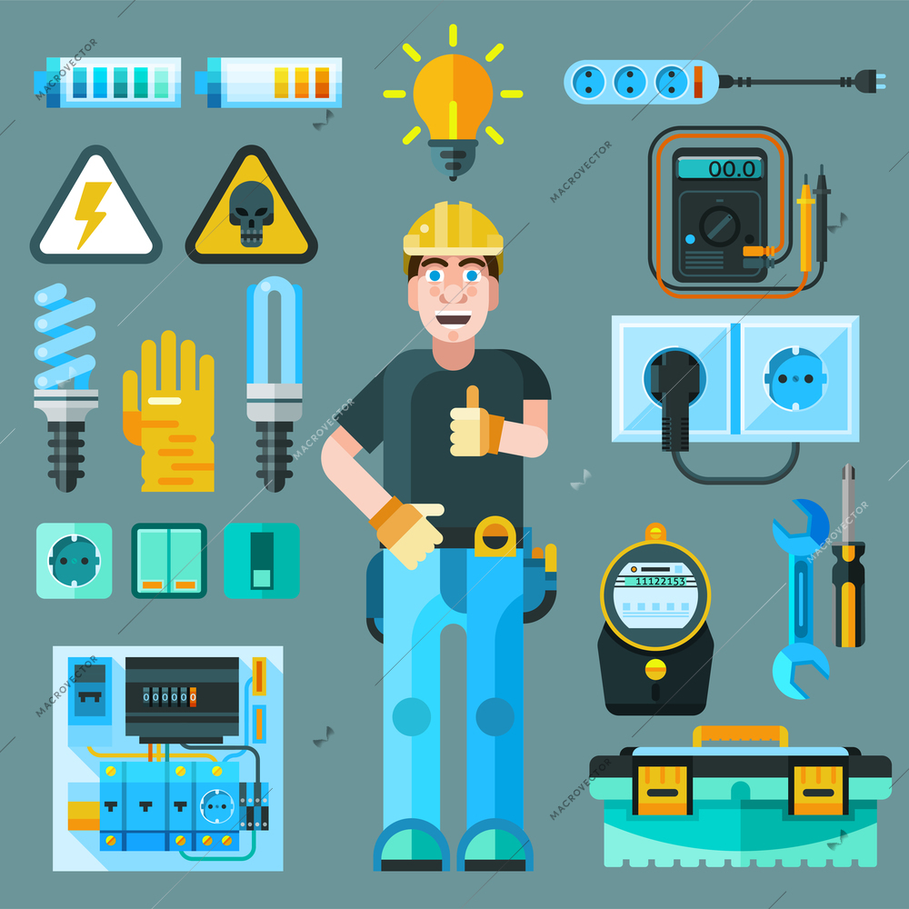 Electrician icons set with electricity and energy symbols flat isolated vector illustration