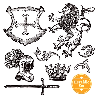 Coat of arms symbols black icons set with heraldic animals and knights weapon doodle vector isolated illustration