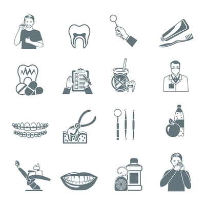 Black icons set of instruments for dental treatment and teeth care products flat isolated vector illustration