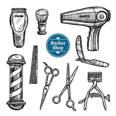 Barber shop attributes tools and accessories doodle black icons set with hairdryer scissors and shave vector isolated illustration