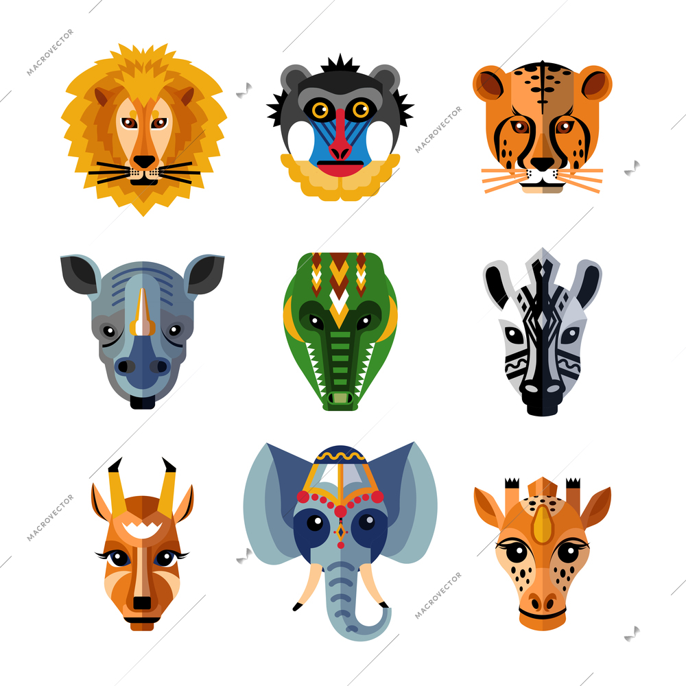 Traditional african facial masks shaped as wild jungle animals heads flat icons collection abstract isolated vector illustration