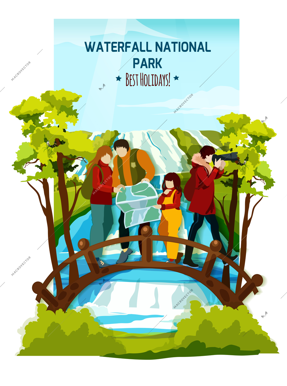 Flat colorful poster with tourist family on wooden bridge over river and waterfall landscape background vector illustration